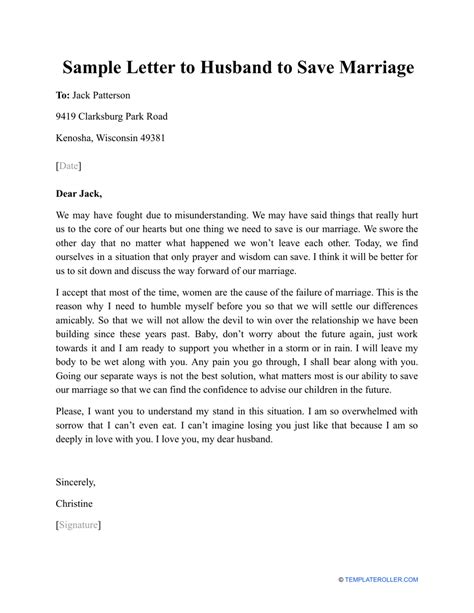 sample letter  husband  save marriage  printable
