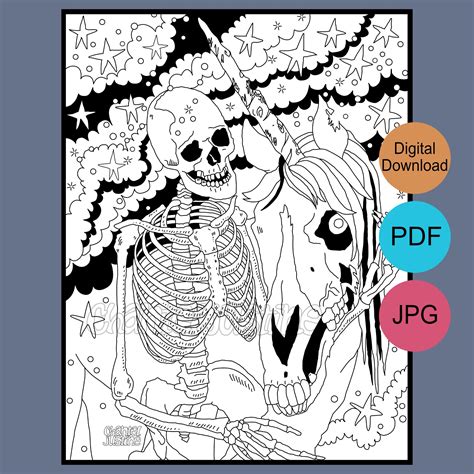 skeleton zombie unicorn coloring page printable adult etsy