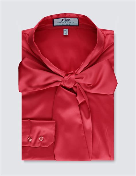 women s red fitted luxury satin blouse pussy bow hawes and curtis