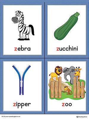 letter  words  pictures printable cards zebra zucchini zipper