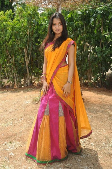 bhavya new telugu actress looking cute in half saree stills