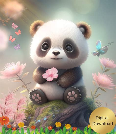 panda wall art cute baby panda   pink flowers garden etsy