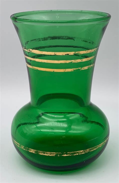 Vintage Emerald Green Glass Bud Vase With Gold Gilt Trim Etsy Uk