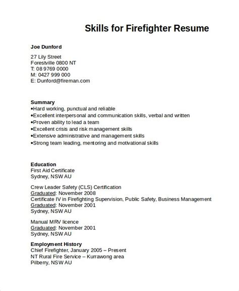 skills  firefighter resume firefighter resume resume skills