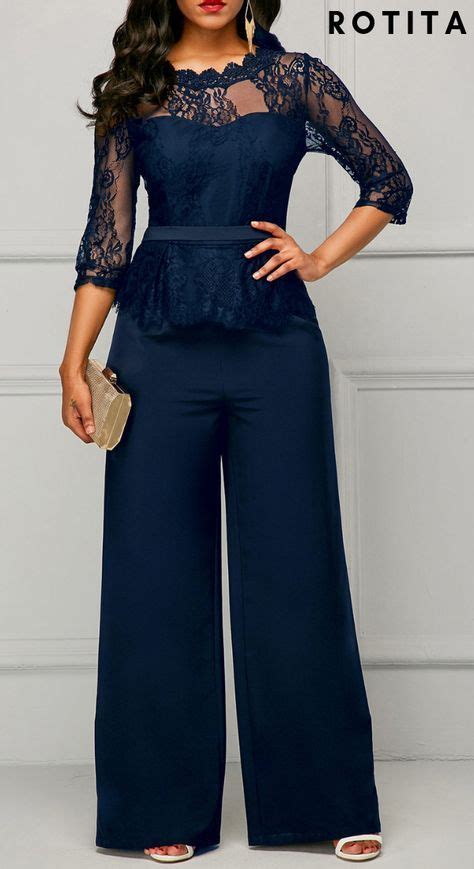 Lace Panel Navy Blue Scalloped Neckline Jumpsuit In 2020 Jumpsuits