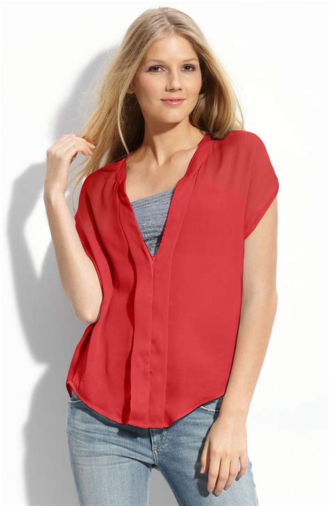 Red Haute Sheer Chiffon Blouse In Red Coral Lyst