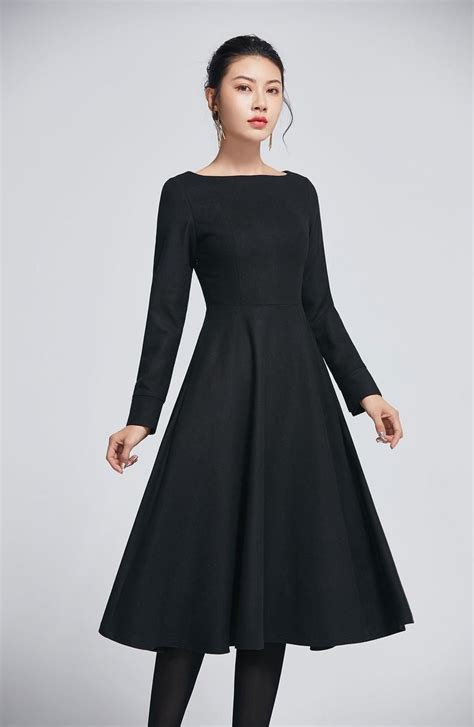 kleine zwarte jurk zwarte wol jurk klassieke jurk womens etsy waist dress pleated dress