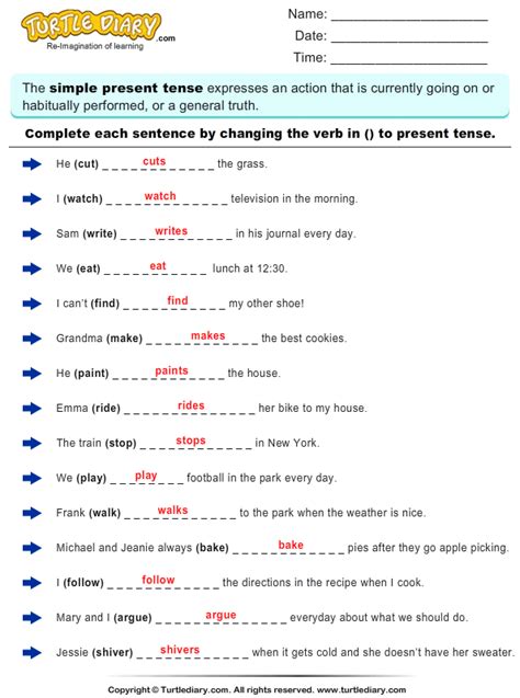 complete sentences  writing present tense form  verb worksheet