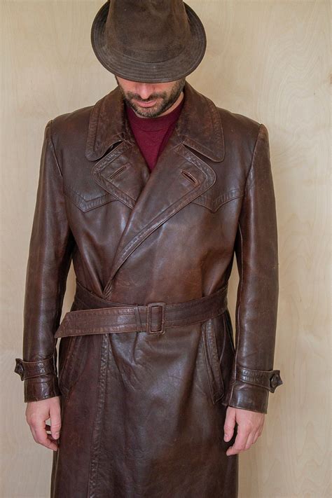 mens brown leather long belted trench coat vintage etsy trench