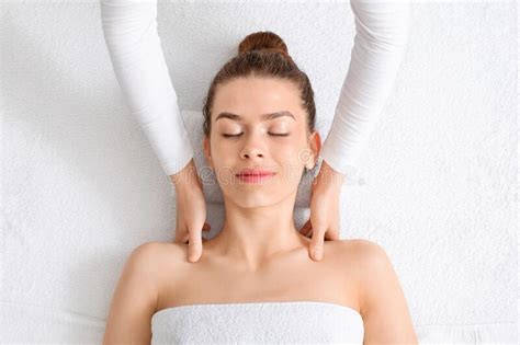top view  peaceful young lady  healing body massage stock image