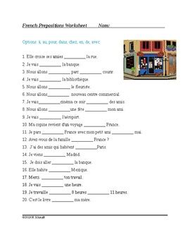 french prepositions worksheet prepositions  au pour dans chez