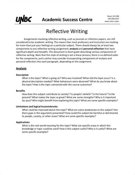 reflective writing samples templates