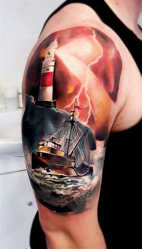3d Boat With Lighthouse Half Sleeve Tattoo 100 Boat Tattoo Designs