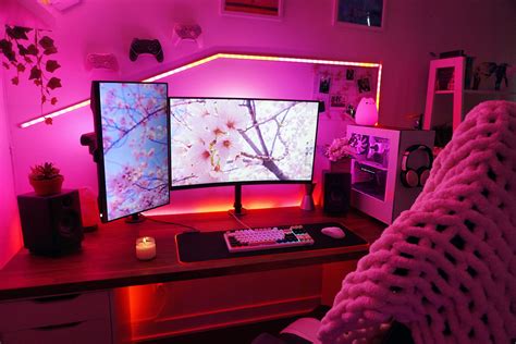 cozy pink red girly gaming setup