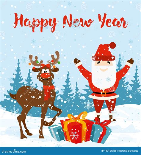 Vector A Ilustração Do Cartão Do Natal Com Santa Feliz E Dos Cervos No