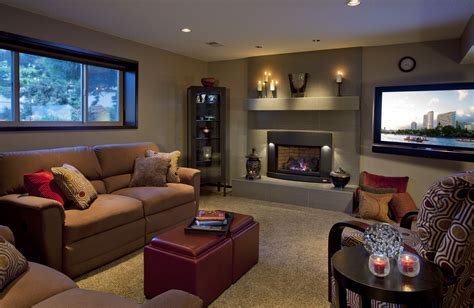 faced fireplace  basement remodel  cozy furniture    great room  watching