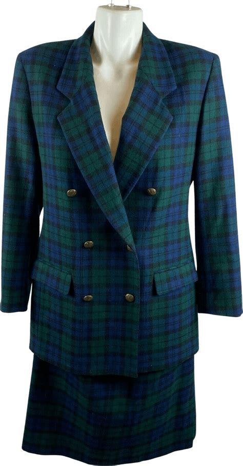 Vintage 80s Green Blue Plaid Double Breasted Blazer Skirt Suit By