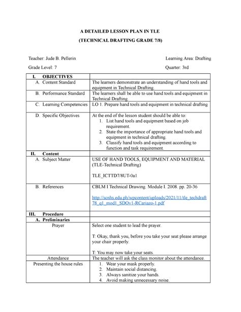 detailed lesson plan  tle drafting  detailed lesson plan  tle