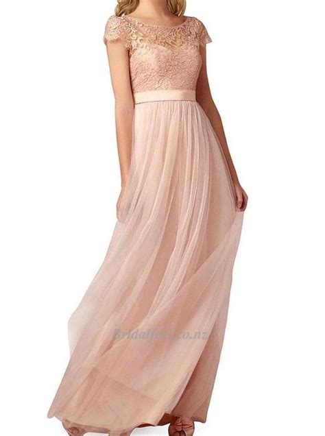 ankle length pink chiffon bridesmaid dress  ling lace  party dress  lace