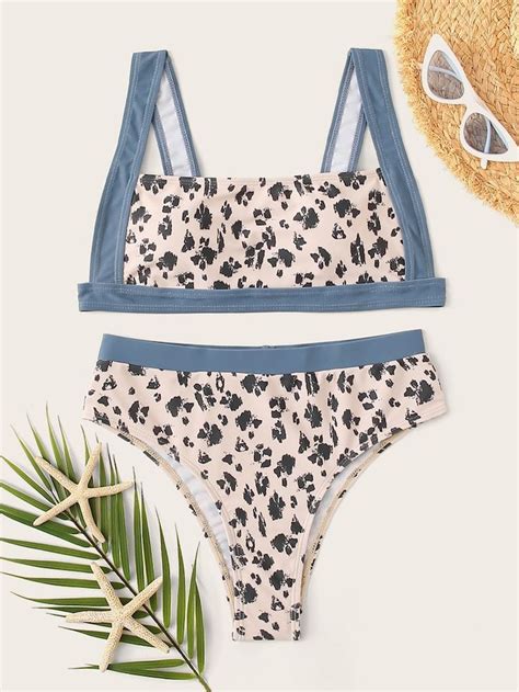 Contrast Trim Leopard Top With High Waist Bikini Set Shein Bikinis