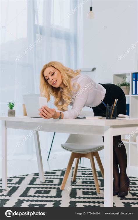 Attractive Sexy Businesswoman Leaning Table Taking Selfie Smartphone