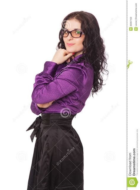 beautiful smiling brunette woman wearing shirt skirt and glasse stock image image 35097153