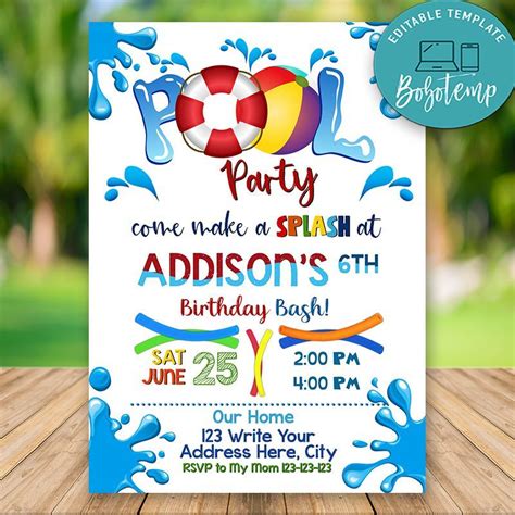 editable swimming pool party invitations instant  bobotemp