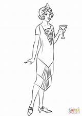 Coloring Dress Fashion Wearing Pages Woman 1920 Cocktail Lady Long Template 1920s Supercoloring sketch template