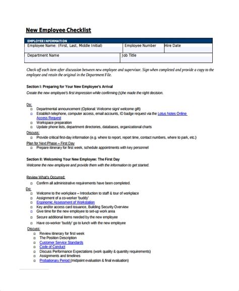 sample  employee checklists   ms word excel