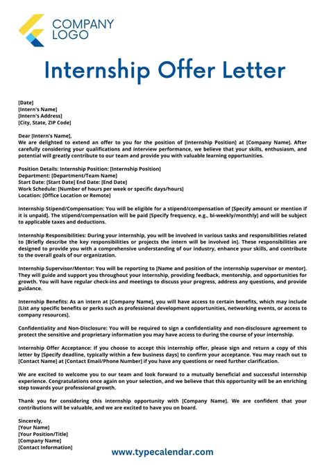 printable internship offer letter templates  word