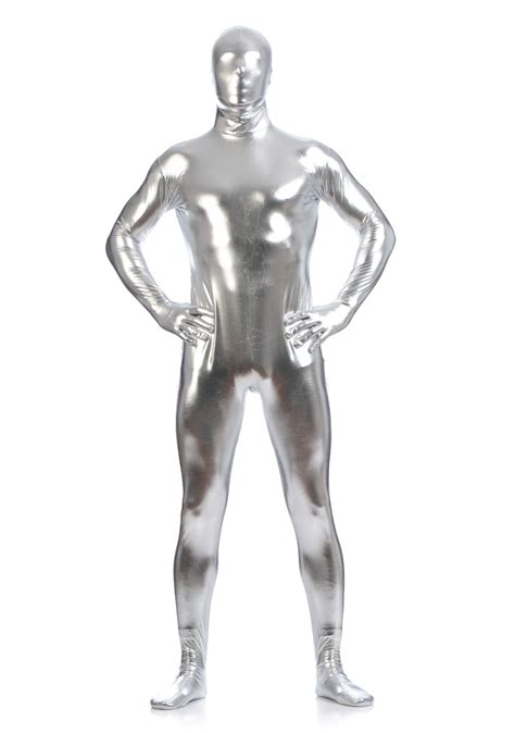 silver metallic zentai bodysuit  skin tight suit full body shiny spandex lycra spandex