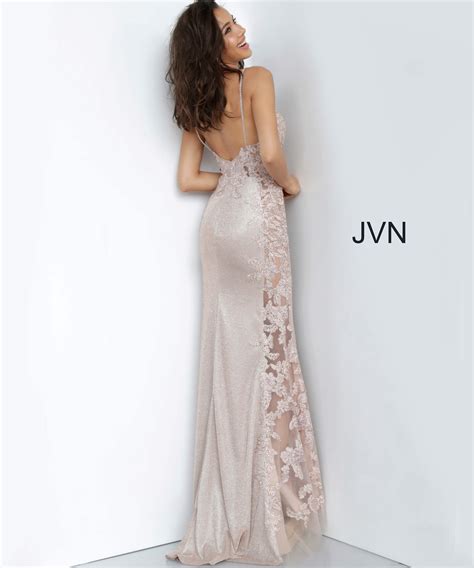 Jvn2205 Nude Sheer Embroidered Bodice Prom Dress