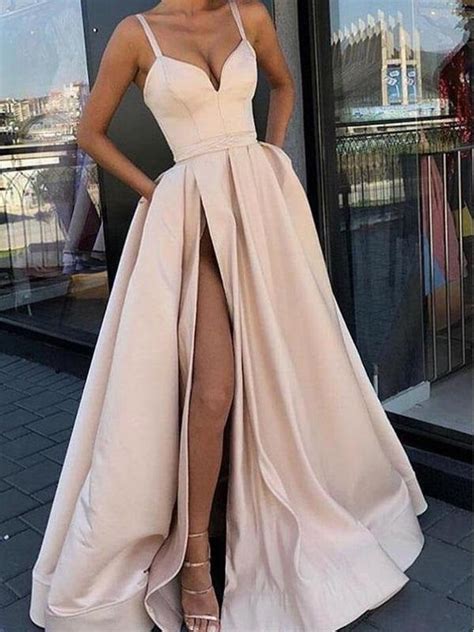 champagne discount stylish satin long prom dress with