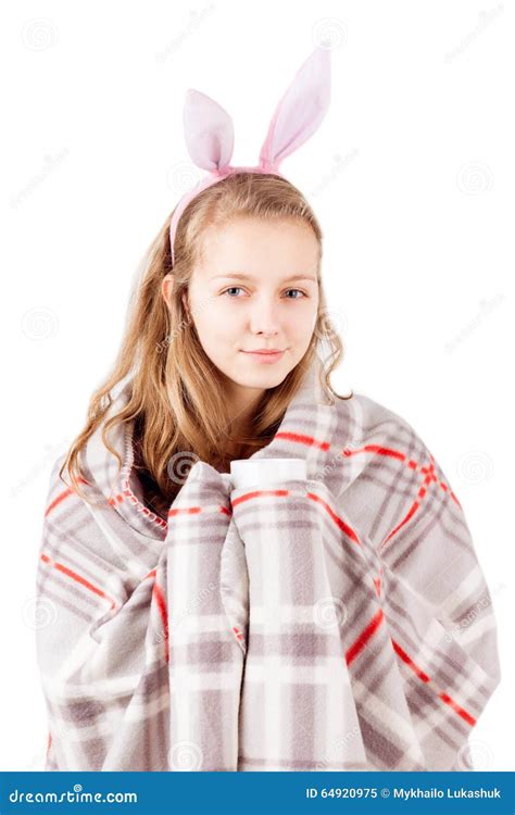 pretty girl covered  blanket isolated stock image image