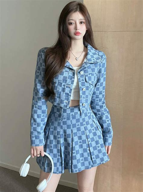 Preppy 2 Colors Shirt Collar Heart Plaids Pleated Dress Set • Seoulinspired