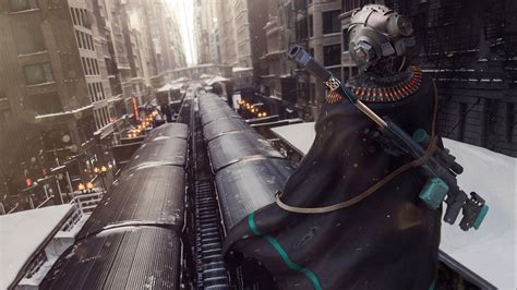 Artwork Digital Art City Train Sniper Rifle Cyberpunk