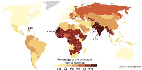 this map shows where the world s 30 million slaves live there are