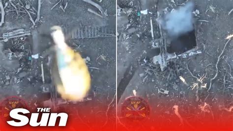 ukrainian drone drops grenade  trench  blows  russian soldiers youtube