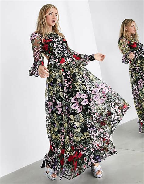 asos edition pretty floral embroidered maxi dress  open  asos
