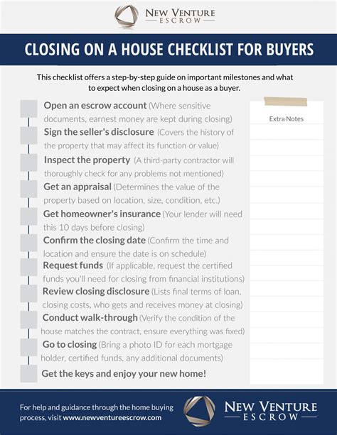 printable closing   house checklist  buyers  venture escrow