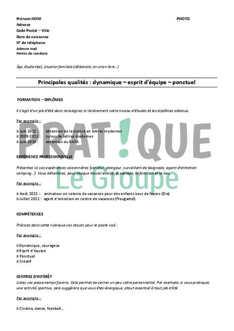 exemple cv   jeune de  ans