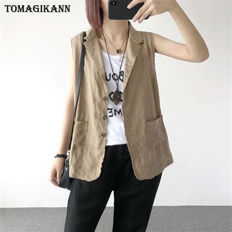 2019 Casual Solid Cotton And Linen Women Vest Coat Summer Girl Single