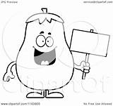Eggplant Mascot Holding Sign Cartoon Thoman Cory Outlined Coloring Vector sketch template