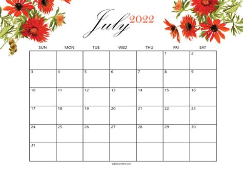 july  calendar cute floral templates