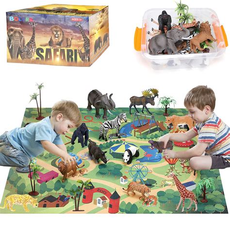 bolzra safari animals figurines toys  activity play mat trees realistic plastic jungle
