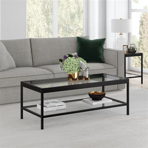 modern coffee table  open shelf rectangular table  living room  blackened bronze