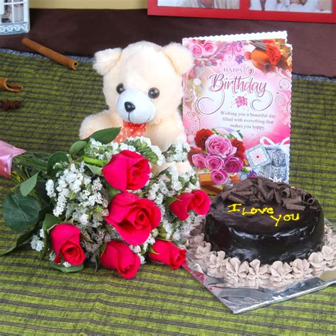 Roses And Chocolate Cake Hamper Including Teddy Bear With