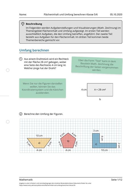 arbeitsblatt flaecheninhalt und umfang berechnen klasse  mathematik tutoryde