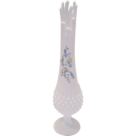 Fenton White Milk Glass Hobnail Swung Vase With Blue Flowers From