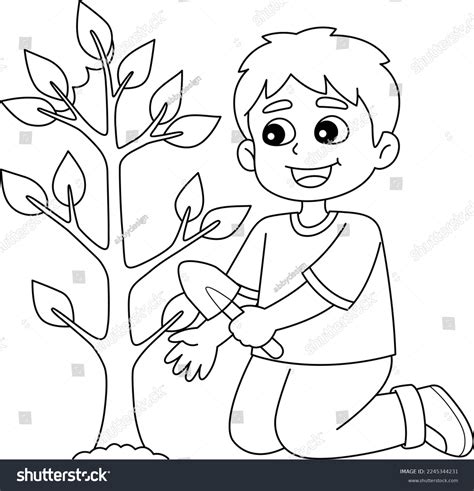 boy planting trees isolated coloring page stock vector royalty